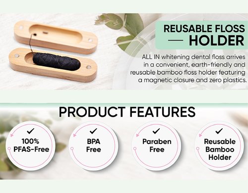 ALL IN Waxed Charcoal Floss with a Refillable Dental Floss Magnetic Holder - Plant Based, Natural, and No PFAS - Mint Floss for Effective Plaque Removal, Clean Teeth, Fresh Breath - 32 yd