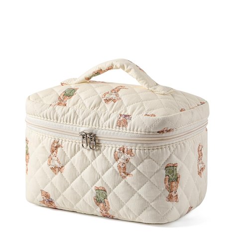 RSRSLEII 3Pcs Aesthetic Cotton Quilted Drawstring Makeup Bag Set, Aesthetic Cute Bow Makeup Pouch for Girls and Women, Aesthetic Travel Organized Cosmetic Bags for Purse(01Bear)