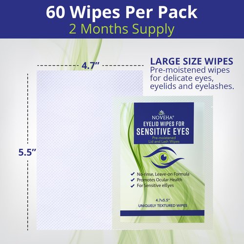 NOVEHA Eyelid Wipes - For Delicate Lashes and Eyelids - With Hyaluronic Acid, Chamomile, and Aloe Vera - Individually Wrapped Pre-moistened Pads (60 Wipes)