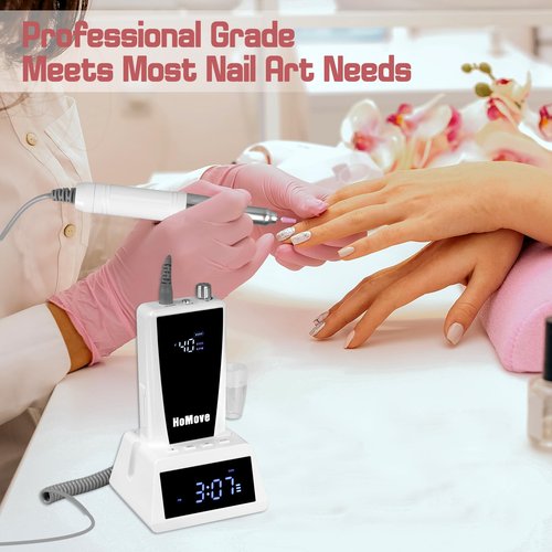 Nail Drill Professional, 40000RPM Rechargeable Electric Nail Drill with Corelss Motor, HoMove Cordless Nail Efile with Clock Power Dock for Acrylic Gel Nails Remove, Low Noise Low Vibration