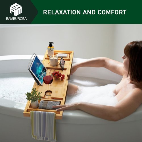 Bamboo Bathtub Caddy Tray Expandable for Luxury Bath, Bath Accessories & Table with Wine Glass Holder, Book Stand Bathroom Organizer with Extending Sides for Men/Women,Natural