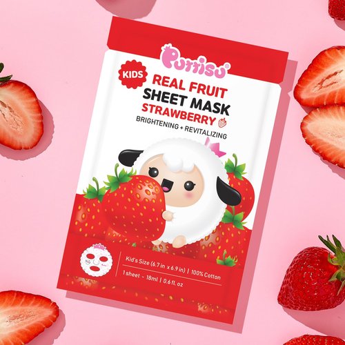 Puttisu Real Fruit Facial Mask Sheet for Kids, Children - Made with 100% Cotton, Moisturize, Sooths and Hydrates Skin (Strawberry- Pack of 7)