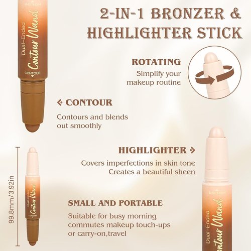 Skiennix Contour Highlighter Stick - 2-in-1 Dual-Ended Bronzer & Highlighter for Easy Makeup Application | Neutral Nude + Beige