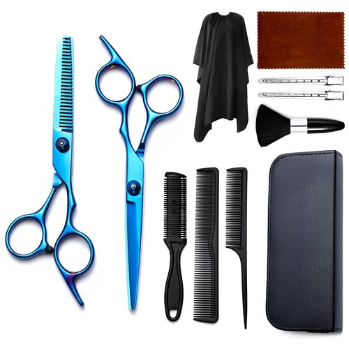 Hair Cutting Scissors Kit 11PCS, Professional Haircut Scissors with Japanese Stainless Steel Shears, Thinning Shears, Haircut Accessories in Leather Case for Salon/Home (Blue)