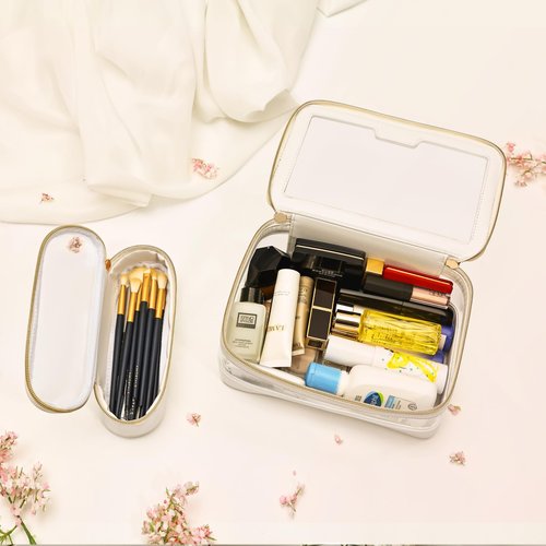 Aniborsa Clear Makeup Bag, Travel Clear Cosmetic Bag and Makeup Brush Bag, Transparent Portable Makeup Case, Waterproof Toiletry Bag with Zipper for Women, White