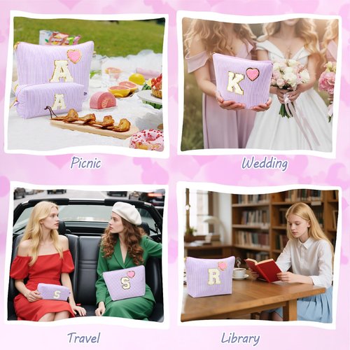 Personalized Initial Makeup Bag Gifts Preppy Cosmetic Bag Trendy Toiletry Travel Bag For Teen Girls Kids Women Letter Makeup Pouch Purse Holiday Gifts Birthday Christmas Gifts 2pack (W, Purple)