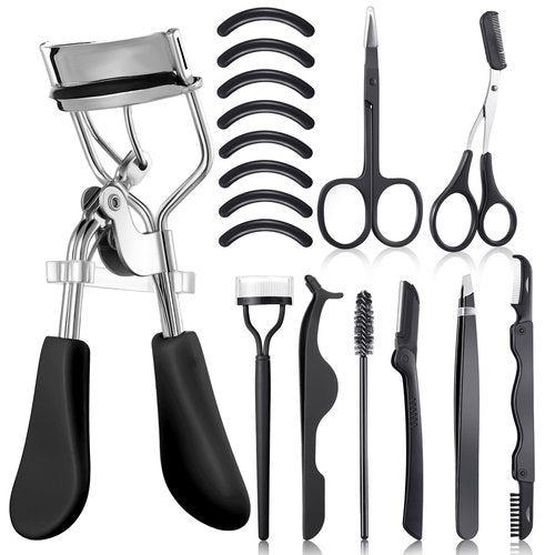17 Pcs Eyelash Curlers Kit Lash Curler Eyelash Comb Seperator Extension Tweezers Eyebrow Brush Scissors False Eyelashes Applicator Eyebrow Trimmer Silicone Refills Pads for Women(Black)