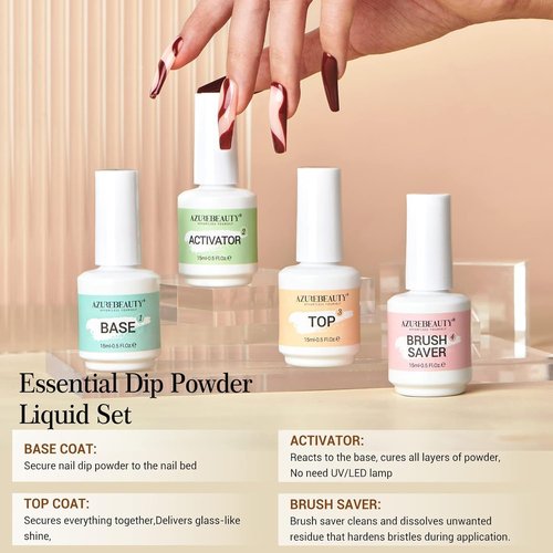 AZUREBEAUTY Dip Powder Liquid Set - 8 Pcs Dipping Base, Activator & Top Coat | No Lamp Needed, 15ml Each