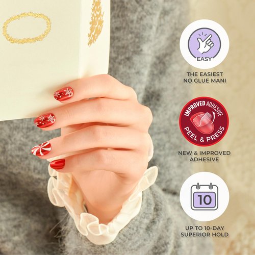 KISS imPRESS Holiday Press On Nails, ‘Feelin' Festive’, Red, Short Squoval, 3D Effect, Improved Super Hold Adhesive, 30 Fake Nails, Prep Pad, Mini Nail File, & Manicure Stick