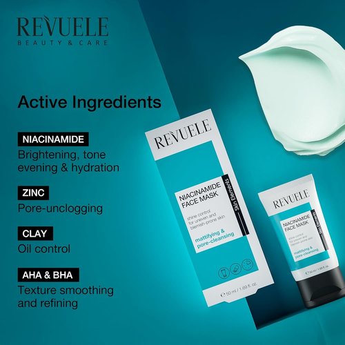 Revuele Niacinamide Face Mask - Pore Minimizing Clay Formula with Zinc & Vitamin B3 - Vegan Skincare for Blemish-Prone Skin, 1.69 fl. oz.
