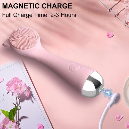 Facial Cleansing Brush, Silicone Face Scrubber Exfoliator for Men & Women, Electric Face Brush Waterproof, with 3 Speeds Adjustable for Deep Cleaning, Removing Blackhead, Facial Massaging (Pink)
