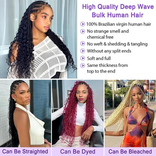 20 Inch Human Braiding Hair For Boho Braids Deep Wave Bulk Human Hair for Braiding 100g/pack 2 Bundles Human Braids Hair Extensions No Weft