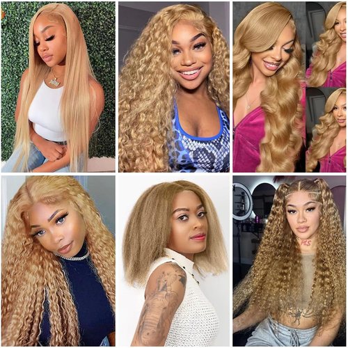 Blonde Bundles Human Hair Yaki Straight Bundles 14 16 18 Inch 3 Bundle Unprocessed Brazilian Virgin Hair #27 Honey Blonde Kinky Straight Human Hair Extensions 50 Gram Per Bundle