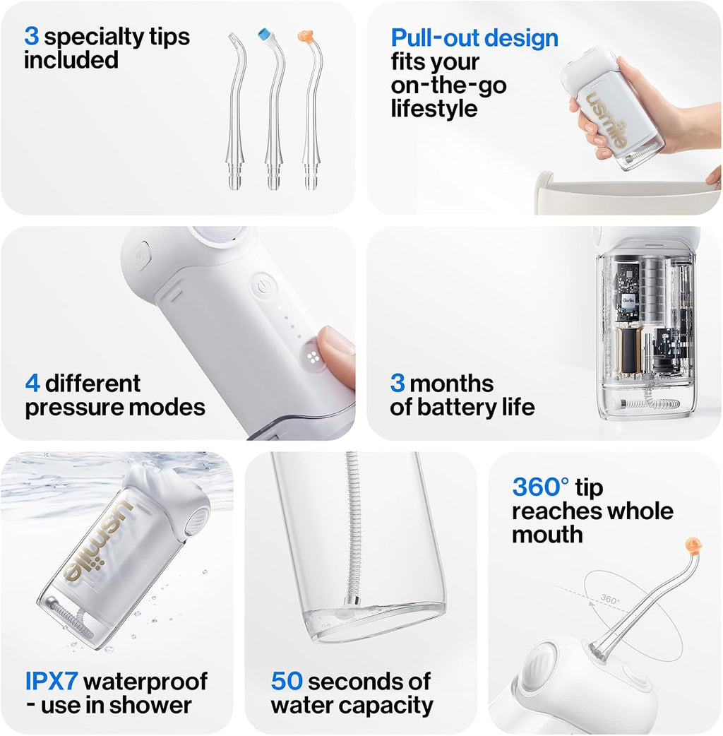 Usmile C10 Portable Water Flosser - Travel-Friendly, 95-Day Battery, 4 Modes, 180ml Tank, IPX7 Waterproof (White)