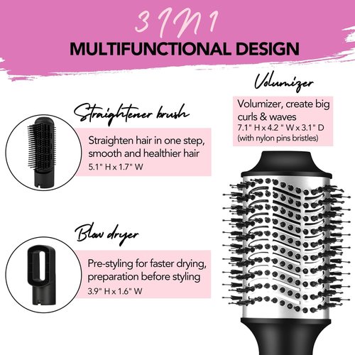 Ouphiny Blow Dryer Brush, 3 in 1 Ceramic Hot Air Brush Set Volumizer with Negative Ionic, 3 Inch Oval Brush Hair Styling Tool for All Hair Types, Interchangeable Multi-Temperature Settings, Pink