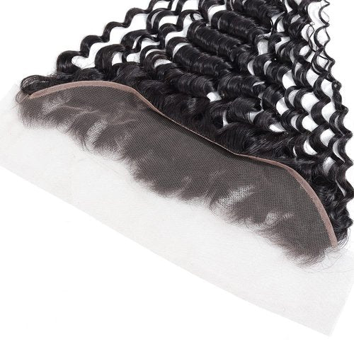 Deep Wave 13x4 Ear to Ear Transparent Lace Frontal Closure - Brazilian Virgin Human Hair Extensions, Deep Curly, Bleached Knots, Pre-Plucked With Baby Hair, Natural Color, 14 Inch