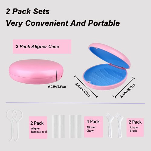 ACSKD 2 Pack Aligner and Retainer Case,Compatible with Invisalign,Mouthguard Case Kits, Portable Aligner Cases with Chew Remover Tool and Brush, Pink