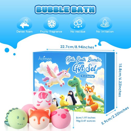 Aofmee Bath Bombs for Kids, 12 Pcs Kids Bath Bombs with Essential Oil, 6 Animal Shapes and Fruity Aroma, Natural Organic Spa Gift Set for Boys Girls, Birthday Christmas Halloween