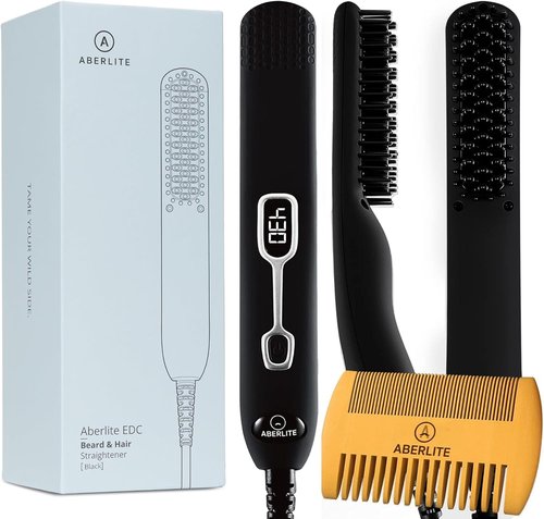 Aberlite EDC Heated Beard Straightening Brush - Professional Grooming Tool for 0.5 Inch+ Beards | Black