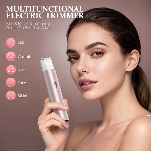 NIPOO Bikini Trimmer for Women, Dual Head Face Shaver Body Hair Trimmmer, IPX7 Waterproof Womens Electric Razor for Legs, Rose Gold