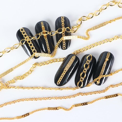 JERCLITY 4 Packs of 24 Strips Nail Chains for Nail Art Gold Silver Alloy Metal Nail Art Chains Gold Nail Charms Punk Nail Studs Jewelry Accessories for Women Nail Art