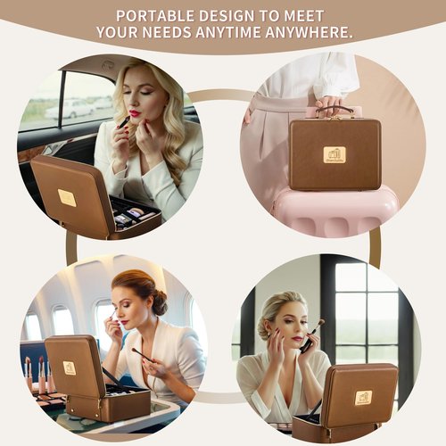 Gdsshuhung Makeup Bag with LED Mirror & Magnifier, Large Cosmetic Organizer Travel Makeup Case with Adjustable Brightness & 6 Detachable Dividers, Portable Makeup Storage for Women Girls (Brown)