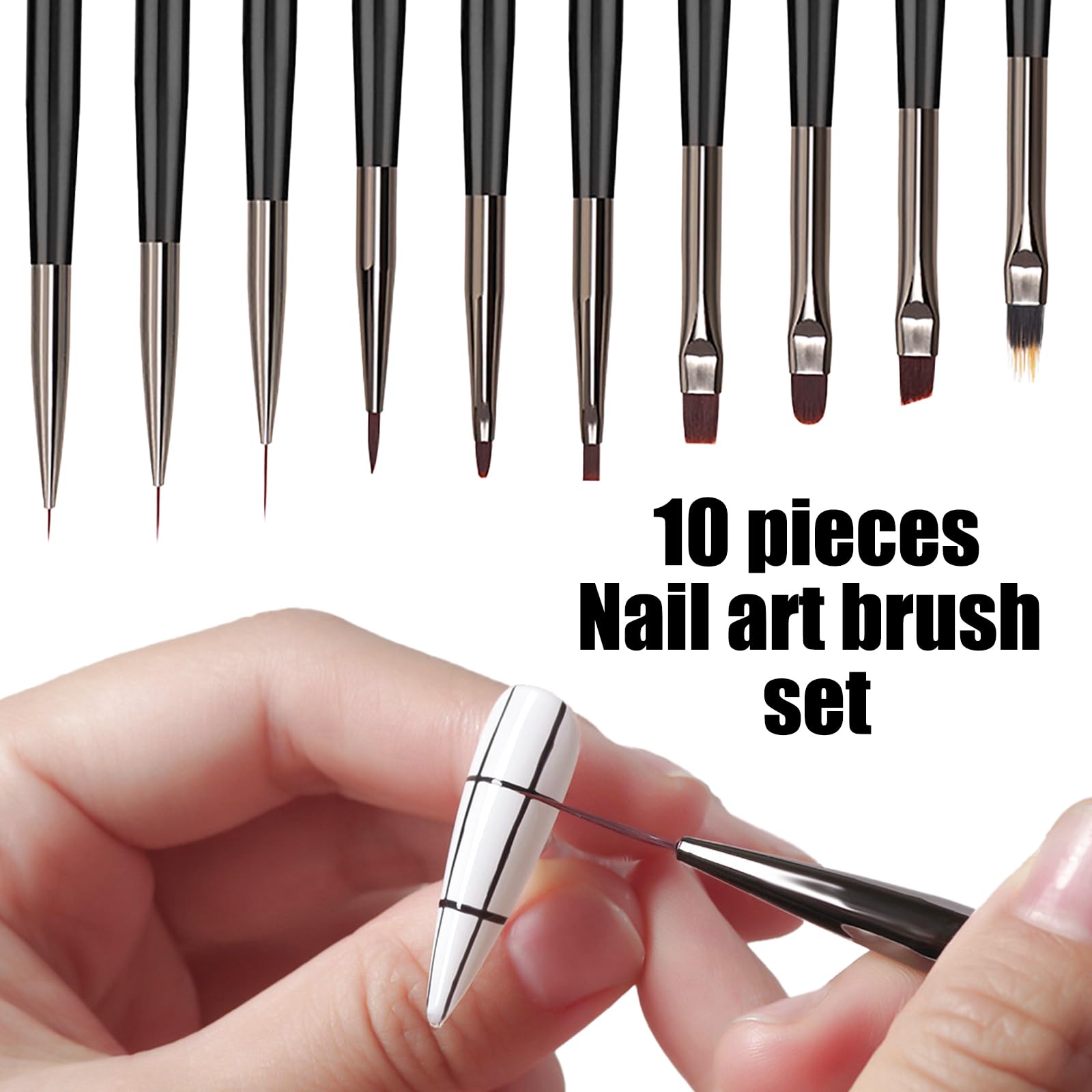 Wokoto Black Nail Art Brushes Set: 10pcs Acrylic Nail Brushes For Painting Tools - Gel, Polish & Dotting Pen
