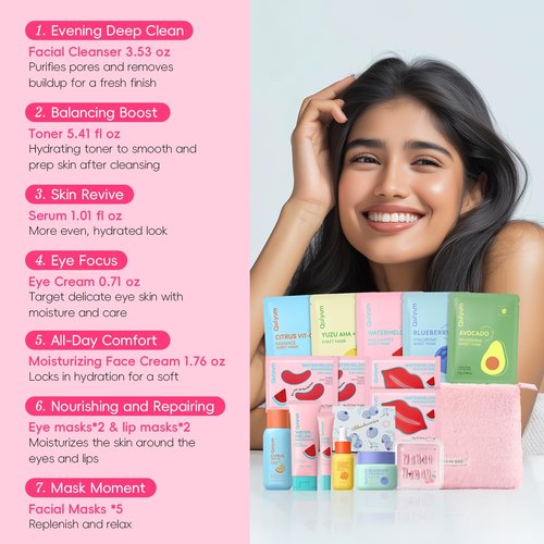QUIYUM Fruit Skincare Set - with Pink Plush Makeup Bag & Strawberry Nail Art, Hydrating Moisturizing Glowing Oil Control Facial Care, Spa-Like at Home, Perfect Teen Girl Gifts Trendy Stuff