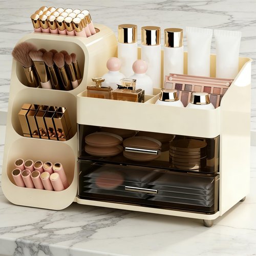 Covzoe Large Makeup Organizer with Drawers, Spacious Cosmetics Display Case with Brush Holder for Vanity, Skin Care Storage Solution for Lipstick Eyeshadow Palettes Beauty Essential Bathroom