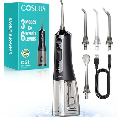 COSLUS C51 Portable Water Flosser for Teeth: 3 Modes & 6 Pressure Settings with Jet Mode Water Dental Pick for Orthodontic, Braces, Sensitive Gums, Compact for Travel, 300ML for Multiple Users, Black