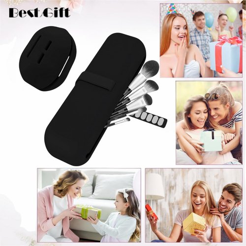 BSJIASHIWEI Silicone Makeup Brush Holder Travel Case No Odor Nylon Strap Closure | Water-Resistant Brush Organizer for Travel Makeup Brushes Storage-Black