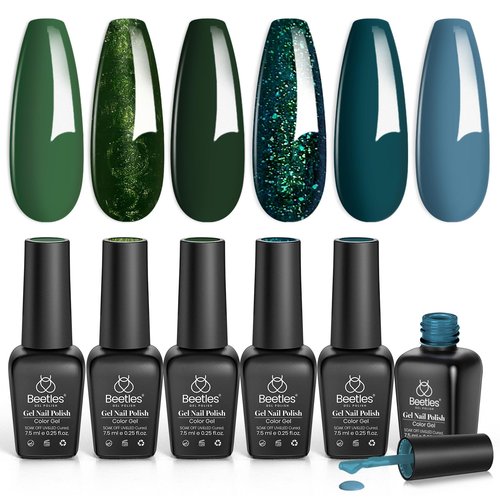 Beetles Green Gel Nail Polish Set - Boundless Forest Dark Green Gel Polish, 6 Colors Soak Off Uv LED Nail Lamp Gel Nail Kit Home DIY Manicure Nail Salon St Patrick Day