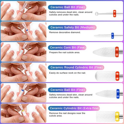 Cellentool 25Pcs Nail Drill Bits Set, 3/32 Inch Tungsten Ceramic Diamond Carbide Nail Drill Bits for Acrylic Gel Polish, Cuticle Efile Remover for Manicure Pedicure