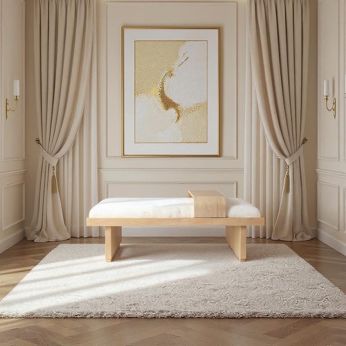 Meridian Furniture Arlington Collection Mid-Century Modern Bench - Soft Cream Chenille, Solid Wood, 65" W x 26" D x 19.5" H