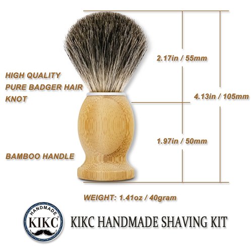 KIKC Hand Crafted Pure Badger Shaving Brush for Wet Shave, Comfortable Bamboo Handle, Soft Bristle, Best Gift for Bearded Man