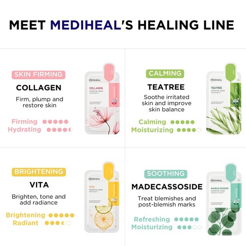 Mediheal Sheet Mask - Essential HERO 16 Pack | Collagen, Tea Tree & Madecassoside for Radiant Skin