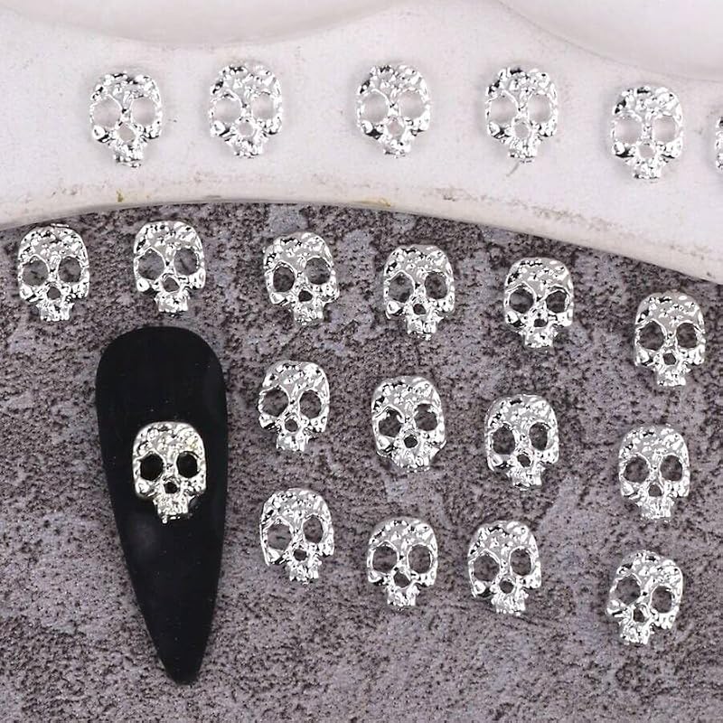 Halloween Nail Charms Silver Skull 20PCS for Acrylic Nails DIY Nail Art