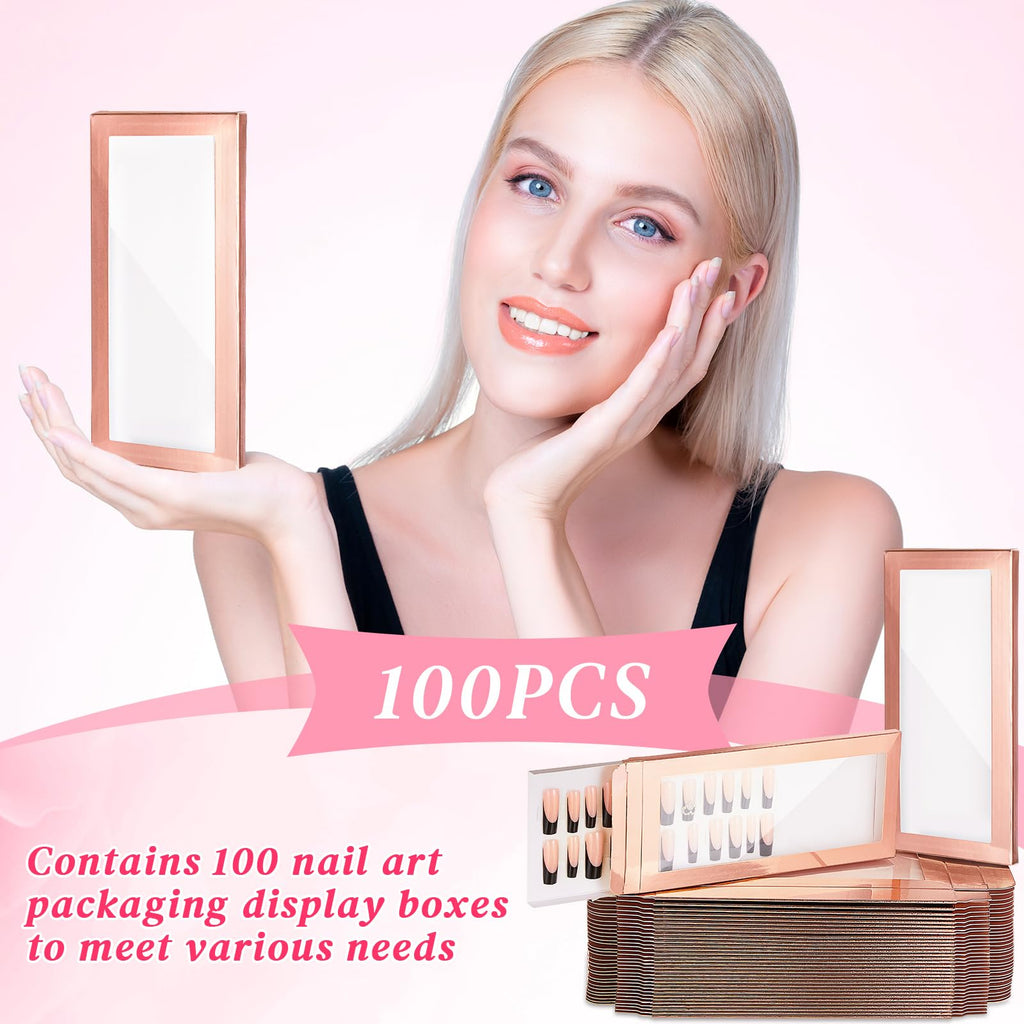 Yeaqee 100 Pieces Empty Nail Package Box with 100 Pcs White Background Papers Empty Nail Tip Box Packaging with 240 Pcs Adhesive Double Sided Tape Set for Press on Business Salon(X-Large)