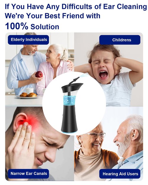Upgraded Electric Ear Cleaner - Ear Irrigation Flushing System with 4 Pressure Mode, Temp Sensor, 16PSI, IPX7, 6 Replacement Nozzle, One-Hand Control Ear Cleaning Tool with Wastewater Separation
