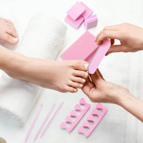 Lanties 50 Sets Disposable Pedicure Kit Individually Package 5 in 1 Pedicure Tools Pumice Stone Nail File 80/100 Grit Mini Buffer Toe Separator Cuticle Pusher Clear Bag for Salon Home(Pink)