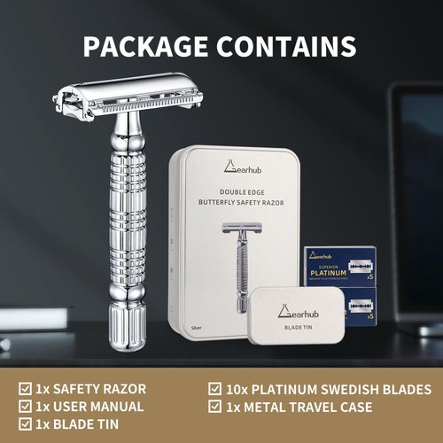 Gearhub Butterfly Double Edge Safety Razor Reusable Stainless Metal Wet Shaving Razor with 10 Swedish Platinum Blades for Men Women Barber Bikini Armpit Hair GR179