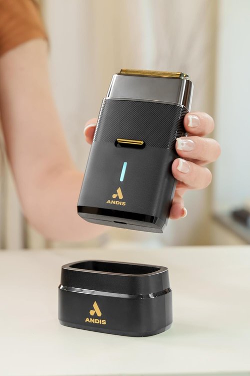Andis Pro Foil Plus II Cordless Shaver - Gold Titanium Foils, Lithium Ion Battery, USB-C Charging Stand, Black
