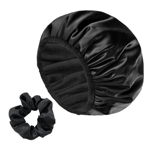 Skiennix Satin Shower Cap - Three-Layer Terry Cloth Lined, Waterproof & Reusable for Long Thick Hair | Black