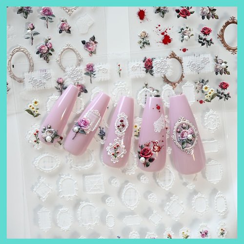 CESTSIREN Rose Flower Frame Nail Art Stickers Pearl Rhinestones Embossed Vintage Nail Decals for Nail Art Design Self-Adhesive Nail Accessories for Women Nail Art Supplies 3 Sheets