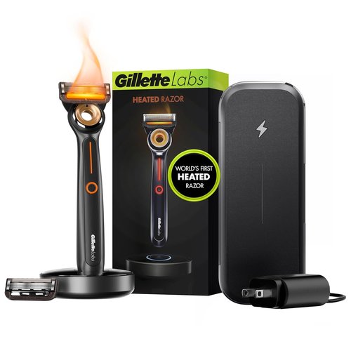 Gillette Heated Razor for Men - Deluxe Travel Shave Kit with Charging Dock & Case | 1 Handle, 2 Blade Refills