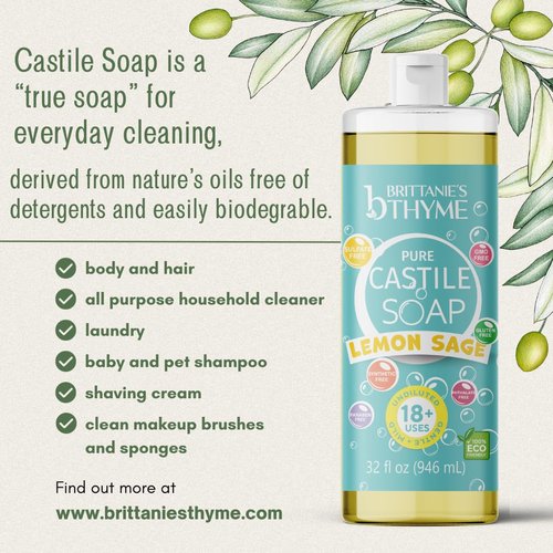 Brittanie’s Pure Castile Liquid Soap Refill, Lemon Sage, 32 Ounce Pack of 2 | Dish Soap, Hair & Body, Home, Gentle and Pure, Made with Natural Luxurious Oils, Vegan & Gluten Free Non-GMO