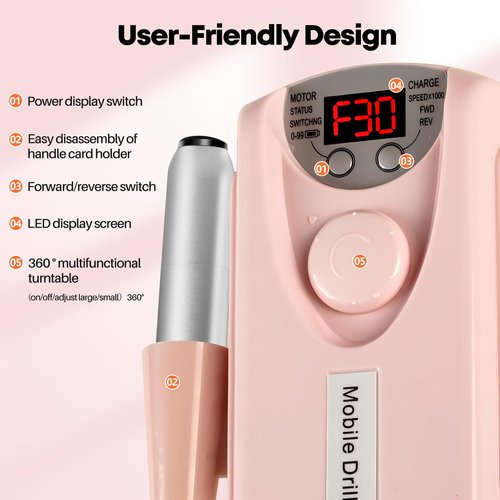 Droyek Electric Nail Drill Portable Nail Drill Professional 30000 RPM 13 Salon Quality Drill bits 50 Sanding Bands Portable & Low Noise for Acrylic Nails Gel Polishing Removing Bits Kit for Home Use