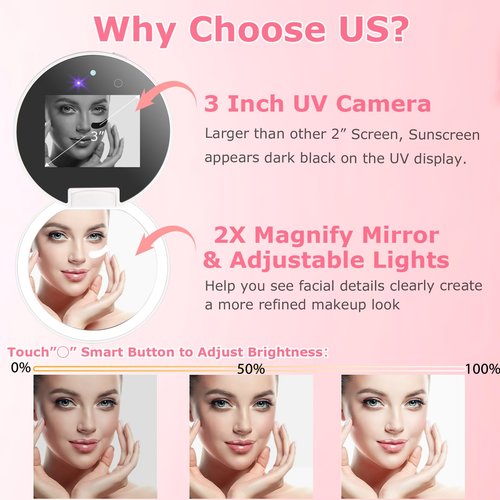 UV Camera for Sunscreen Test UV Mirror Sunscreen Camera, 3.8 Inch Rechargeable 2X Magnifying Vanity Mirror with Light Handheld Double-Sided Pocket Mirror for Skin Protection(White)