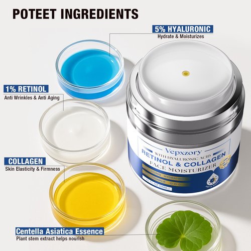 Vepxzory Face Moisturizer Retinol Cream For Face, Collagen Anti Aging Face Cream, Day-Night Neck Cream With Hyaluronic Acid, Wrinkle Cream For Women & Men Reduces Wrinkles, Dryness, 1.85 Fl. Oz