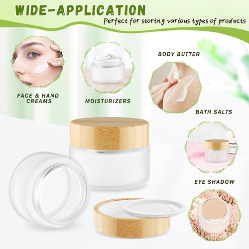 DMuuuDM Glass Bamboo Jars with Lid,Empty Round Frosted Glass Jar Holder with Inner liner,Small Travel Cosmetic Jars for Moisturizer,Foundation,Lotion,Cream,body butter,Candle Making-6 Pcs (100ml)